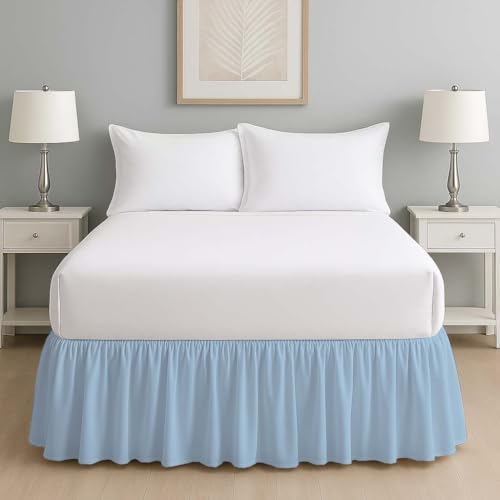 Mattress-Homes Ruffled Bed Skirt Split Corners with Platform, Tailored Fit Wrinkle Free Ultra-Soft Microfiber Dust Ruffle, Queen 14" Drop, Light Blue