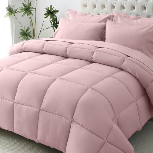 JOLLYVOGUE Twin XL Comforter Set, Ultra-Soft Bed in a Bag Twin XL Size 5 Pieces, Oeko-TEX Certified Bedding Set with Down Alternative Comforter, Sheets, Pillowcases & Shams, Camio Pink