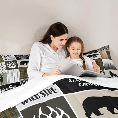 Camper Adventure Kids Comforter Set Queen Size,Deer Antlers Bear Paws Rustic Farmhouse Bedding Set for Boys Girls Adults Room Decor,Atzec Arrows Boho Down Comforter,Camo Duvet Insert,2 Pillowcases