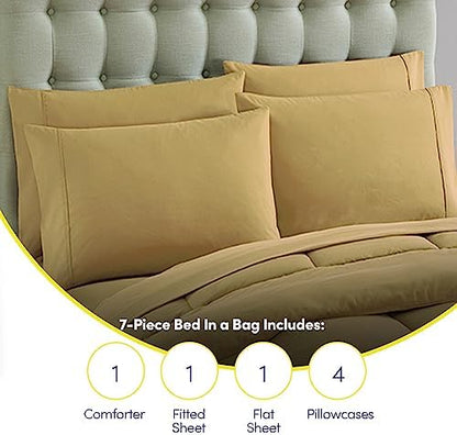Sweet Home Collection 7 Piece Comforter Set Bag Solid Color All Season Soft Down Alternative Blanket & Luxurious Microfiber Bed Sheets, Camel, King