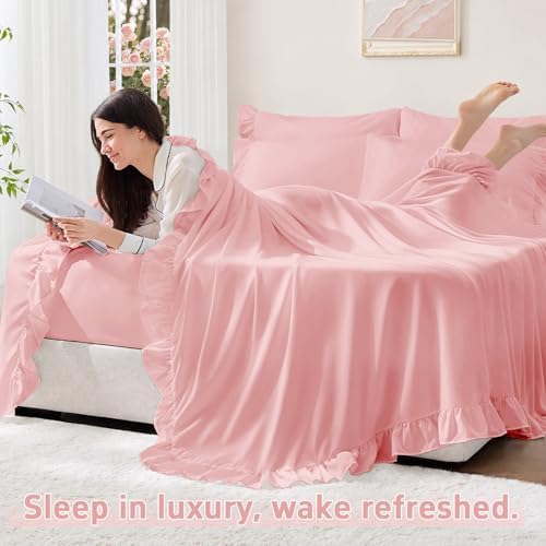 FUANNA Queen Sheets 4 Pieces - Pink Sheets with 4-Inch Ruffles Bed Skirt