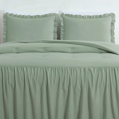 Chezmoi Collection Sinclair 3-Piece Ruffle Skirt Bedspread Set - Soft Lightweight Crinkle Texture Microfiber Bedding - French Country Chic Farmhouse - Queen, Sage Green
