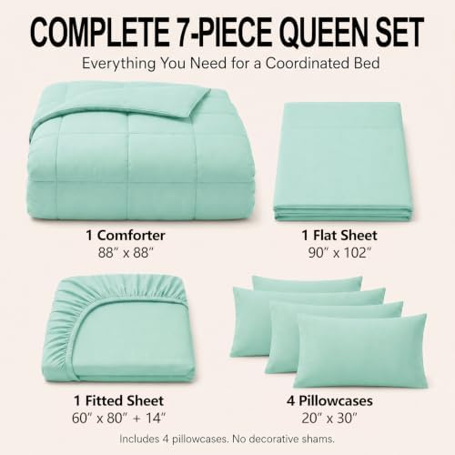 CozyLux Queen Comforter Set Mint Green - 7 Pieces Bed in a Bag
