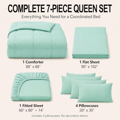 CozyLux Queen Comforter Set Mint Green - 7 Pieces Bed in a Bag