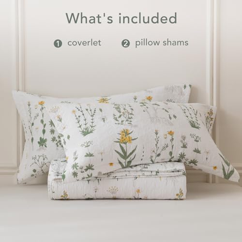 Lady Ann Cotton Quilt Sets Queen - Yellow Floral & Green Leaves Pattern Botanical Printed Quilted Coverlet, 3 Pcs Lightweight Soft Cottagecore Queen Bedspread Set Shabby and Chic Bedding
