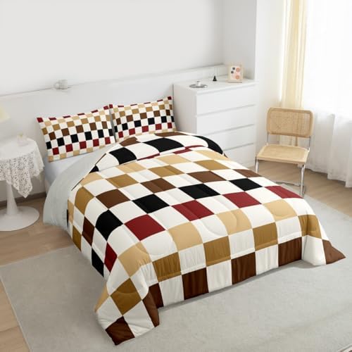 Checkered Geometric Bedding Set for Boys Girls Brown Red Black Plaid Comforter Set Toddler Size Checkerboard Modern Aesthetic Duvet Quilt Reversible Grey Bedroom Decor 2 Pcs with 1 Pillow Cases