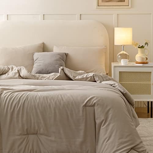 ROSGONIA Queen Comforter Set Oatmeal, 3pcs(1 Boho Oatmeal Comforter & 2 Pillowcases) All Season Soft Bedding Lightweight Bedspread Blanket Quilt (Pack of 5)