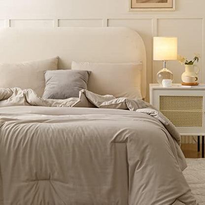 ROSGONIA Queen Comforter Set Oatmeal, 3pcs(1 Boho Oatmeal Comforter & 2 Pillowcases) All Season Soft Bedding Lightweight Bedspread Blanket Quilt (Pack of 5)