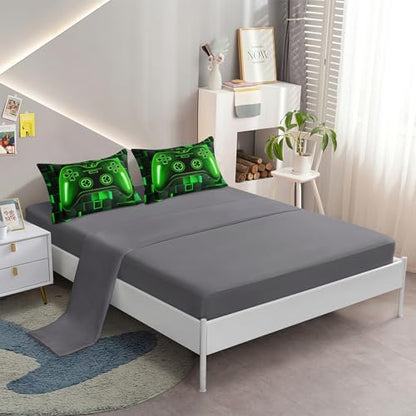 5 Pieces Twin Size Gaming Bed in a Bag for Kids, Green 3D Game Controller Comforter Set, Gamer Bedding Set for Boys Girls Teens Cool Bedroom Decor All Season Twin56