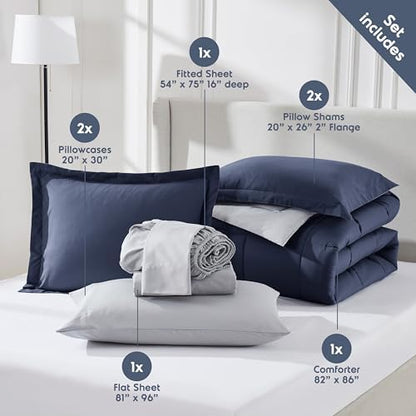 Nestl 9 Piece Full Comforter Set – Navy Reversible Bed in a Bag – Complete Full Size Bedding Set with Sheets, Set of 2 Down Alternative Pillows, Pillowcases and Shams