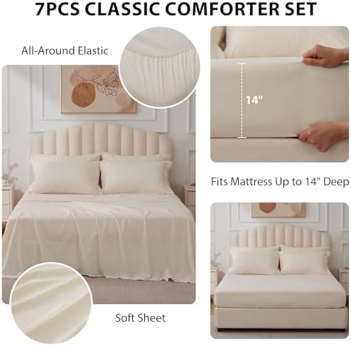 Queen Comforter Set with Sheets Beige, 7-Piece Bed in a Bag Queen