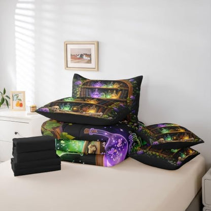 Erosebridal Witchcraft Library 7 Pcs Bedding Set Full Gothic Bookshelf Skull Comforter Set with Sheets Mysterious Spooky Halloween Bed in a Bag Wizard Antique Magic Bookcase Vintage Bed Sets Comforter