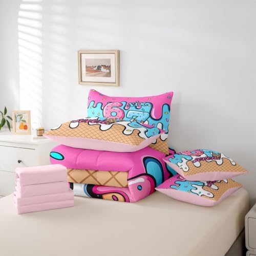 Erosebridal Six Seven Girls Twin Comforter Set 7 Piece Funny Fashion Number 67 Bedding Set for Kids Teen Women,Pink Blue Ice Cream Drip Bed in A Bag Girly Trendy Bed Sets for Birthday Gifts