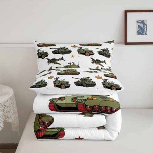 Manfei War Theme Comforter Set Twin Size, Aircraft Tanks Bedding Set 2pcs for Kids Boys Bedroom Decor, Retro Army Green Airplane Tanks Down Comforter Soft Polyester Quilt Set with 1 Pillowcase