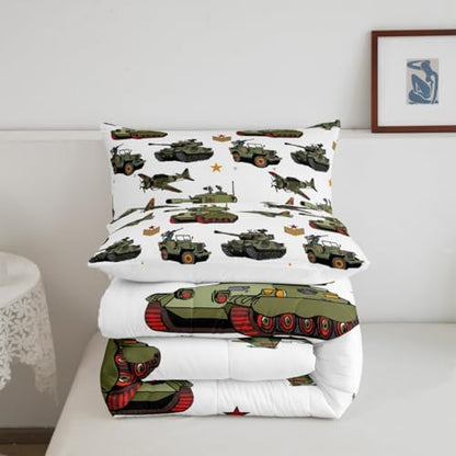 Manfei War Theme Comforter Set King Size, Aircraft Tanks Bedding Set 3pcs for Kids Boys Bedroom Decor, Retro Army Green Airplane Tanks Down Comforter Soft Polyester Quilt Set with 2 Pillowcases