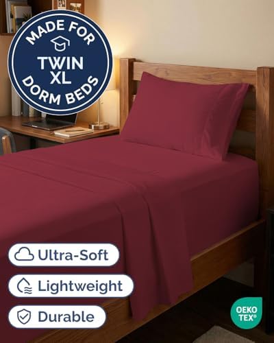 Extra Deep Twin XL Sheet Set - 3 Piece College Dorm Room - Burgundy