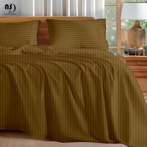 NON Sticky cotton Twin 4 Piece Sheet Set, 100% Long Staple Cotton, Soft Cooling Hotel Luxury Bedding Sheets, Deep Pocket Fits 10" to 18" Mattress, 39" x 75", Taupe Stripe