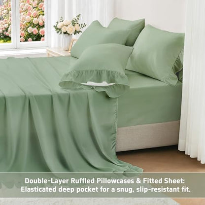 FUANNA Full Sheet Set 4 Pieces - Green Sheets with 4-Inch Ruffles Bed Skirt