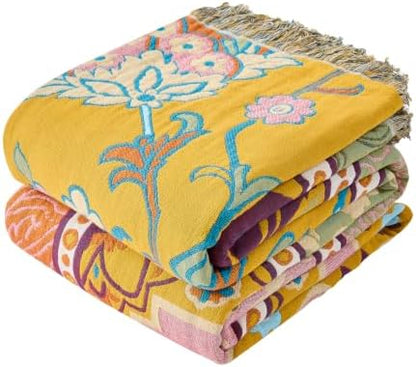 VANJOROY Boho Throw Blanket, 100% Organic Cotton Breathable Skin-Friendly Ultra Soft 80" x 90" Bed Patchwork Throw - Floral Rustic Luxury Reversible Blanket for Sofa Couch Chair and Gift,