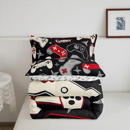 Kids Gamer Comforter Set Queen Size,Gaming Bedding Set for Boys Teens Adults Room Decor,Video Games Controller Colorful Buttons Duvet Insert 3Pcs,Hand Drawn Stars Gamepad Quilt Set,2 Pillowcases