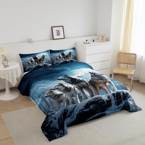 Homewish 3D Wolf Comforter Set Full Size,Wild Animals Bedding Set 3Pcs for Kids Boys Men Adult Bedroom Decor,Winter Mountain Scenery Quilt Set Nature Theme Luxury Blue Grey Duvet Insert,2 Pillowcases