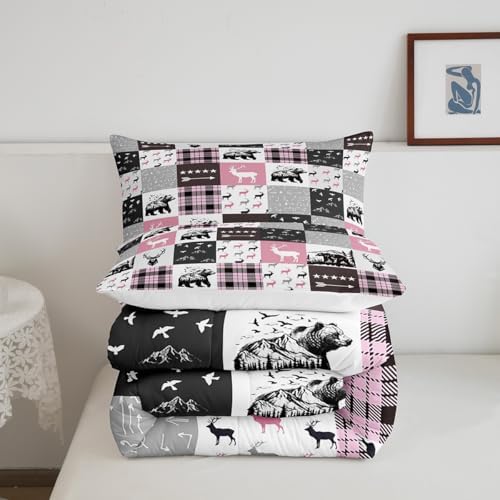 Homewish Bear Silhouette Comforter Set,Pink Gray Grid Bedding Set for Kids Girls Boys,Teens Adults Stars Arrow Comforter,Rustic Farmhouse Quilted Duvet Set Bedroom Collection Twin Size 2Pcs