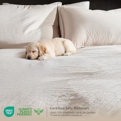 WDCOZY Beige King Size Jacquard Duvet Cover Set with Zipper Closure, Modern Washed Soft Striped Bedding, Textured Seersucker Like Cotton Linen, 1 Duvet Cover and 2 Pillow Shams, No Comforter