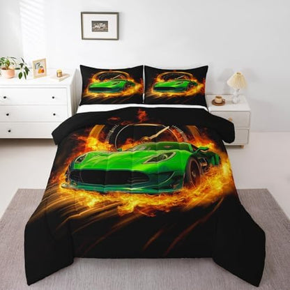 Erosebridal Twin Race Car Comforter Set for Boys Girls,Green Cars Toddler Bedding Set Race Car Room Decor for Boys,Kids Sports Car Bedding Sets Lightweight Soft Racing Car Quilt Bed Set 2Pcs
