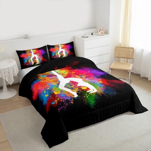 Gymnastics Dancing Comforter Set King Size,Girls Rainbow Watercolor Tie Dye Bedding Set for Kids Woman Room Decor,Cheerleading Bedspread Yoga Lover Down Comforter 3pcs with 2 Pillowcases,Black