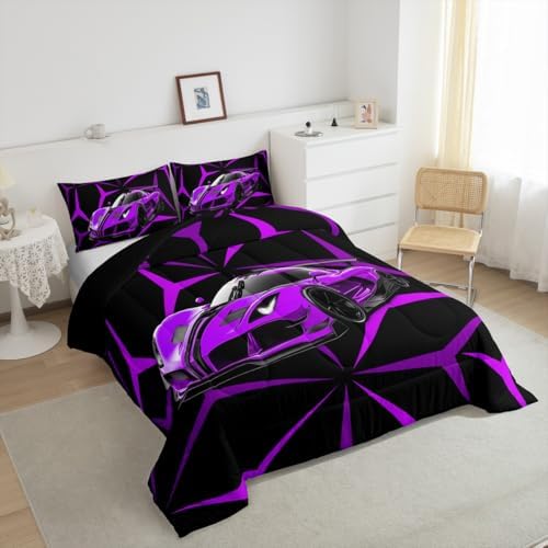 Castle Fairy Purple Race Car Comforter Set Full Size,Abstract Art Racing Car Duvet Sets for Kids Teens Adults Bedroom Decor,Extreme Sports Ultra Soft Bedding Comforter,3 Pcs