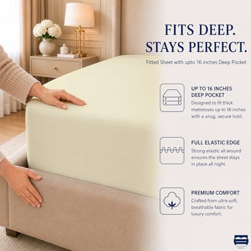 Cottingon 4 PC Olympic Queen Sheets, 15" Deep, Egyptian Cotton, Beige