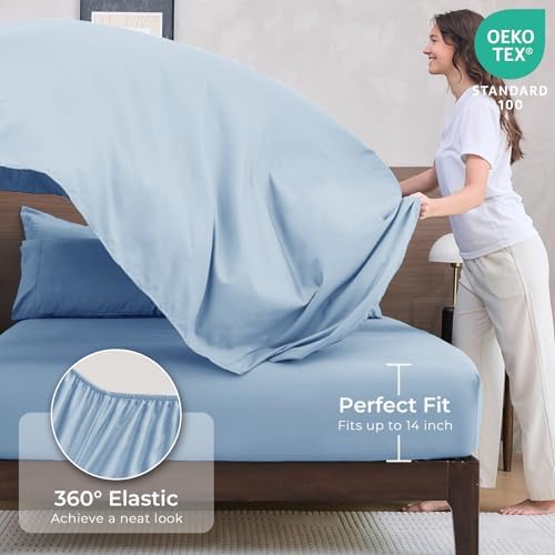 HEVUMYI 7-Piece Queen Comforter Set, Light Blue Bed in a Bag
