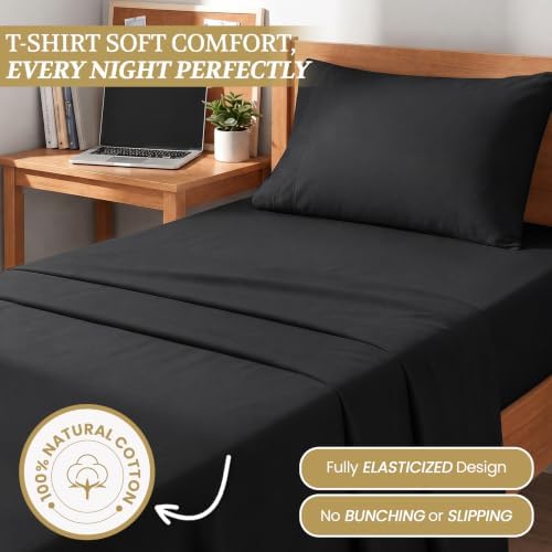 Twin XL Cotton Knit Jersey Sheet Set, 15" Deep Pocket, Black, 3PC