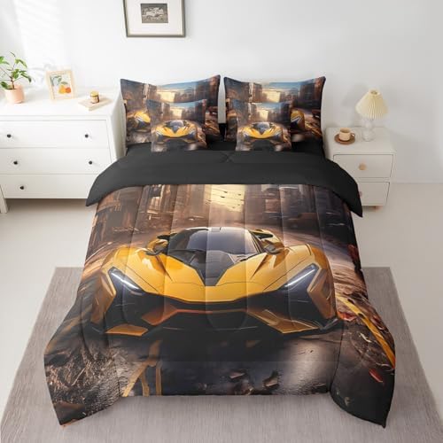 Erosebridal Racing Car Bedding Set Full,3D Race Car Comforter Set,Boys Teens Extreme Sports(Comforter+Fitted+Flat Sheet+2 Pillowcases+2 Throw Pillow Covers) 7 Pieces Yellow Car Bed Set