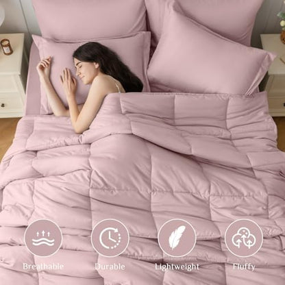 JOLLYVOGUE Queen Comforter Set, Ultra-Soft Bed in a Bag Queen Size 7 Pieces, Oeko-TEX Certified Bedding Set with Down Alternative Comforter, Sheets, Pillowcases & Shams, Camio Pink
