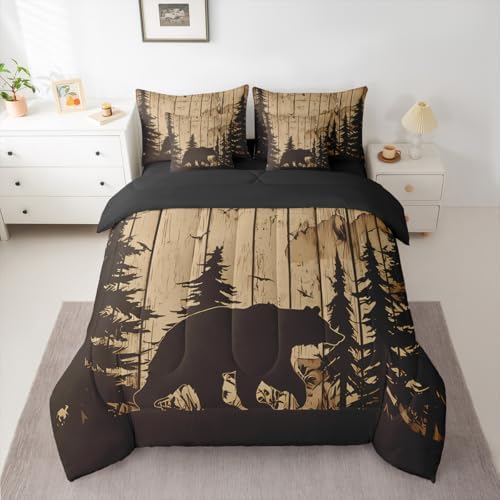 Erosebridal Rustic Cabin Bed in A Bag 7 Pcs Farmhouse Bear Comforter Set for Kids Boys Girls Vintage Brown Wooden Board Bedding Sets Twin Pine Tree Animal Silhouette Print Sheet Set with Comforter