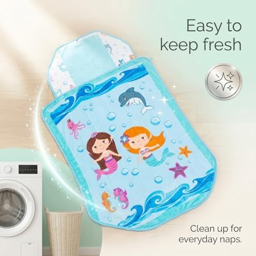 EVERYDAY KIDS Cute Preschooler and Toddler Cot Nap Mat for Home, Daycare, Preschool and Kindergarten; Easy to Roll Sleeping Mat with Elastic Straps, Pillow and Blanket