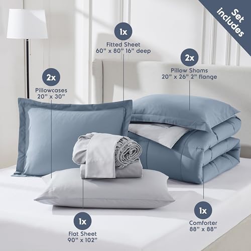 Nestl 9 Piece Queen Comforter Set – Stone Blue Reversible Bed in a Bag – Complete Queen Size Bedding Set with Sheets, Set of 2 Down Alternative Pillows, Pillowcases and Shams