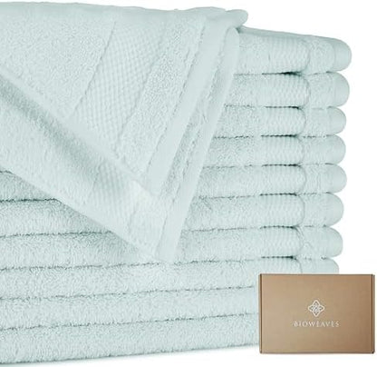 BIOWEAVES 100% Organic Cotton 700 GSM Plush Washcloths 13" x 13" GOTS Certified - Seafoam, Pack of 12