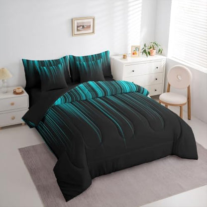 Feelyou Neon Teal Black Comforter Set with Sheets 7 Piece Queen Size Geometric Bedding Set for Kids Boys Girls Ombre Bed in a Bag Room Decor Soft Lightweight Microfiber