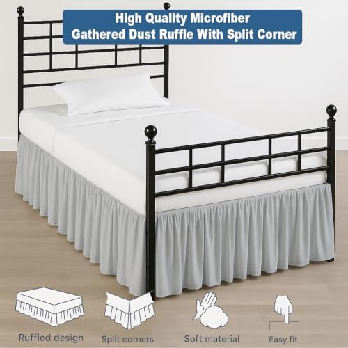 Ruffled Bed Skirt Split Corners with Platform, Tailored Fit Hotel Quality Wrinkle Free Ultra-Soft Microfiber Dust Ruffle, Upto 14 Inch Drop, Full XL, Light Grey