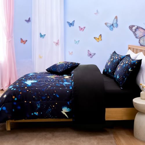 A Nice Night Butterfly 3D Kids Bedding Comforter Set，BlackBlue，Queen