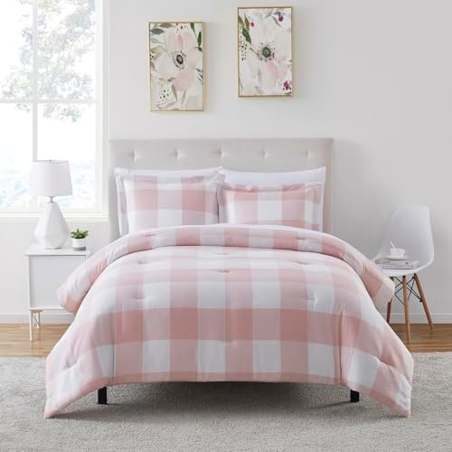 King Size Comforter Set with Sheets - 7-Piece Bedding Collection - 1 Comforter, 1 Fitted Sheet, 1 Flat, 4 Pillowcases - Deep Pocket - Soft & Premium Quality - Ideal for All Seasons Checkered Box Blush