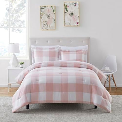 King Size Comforter Set with Sheets - 7-Piece Bedding Collection - 1 Comforter, 1 Fitted Sheet, 1 Flat, 4 Pillowcases - Deep Pocket - Soft & Premium Quality - Ideal for All Seasons Checkered Box Blush