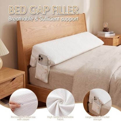 Novabright 54"x8"x5" Bed Wedge Pillow Gap Filler for Headboard Gap Filler Bed Wedge Pillow with Side Pocket Gaps Mattress Wedges Gaps Fillers to Stop Items Falling Down, Removable & Washable (White)