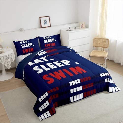 Homewish Swim Lover Comforter Set Twin Size,Kids Swimming Bedding Sets 2Pcs for Teens Boys Men Adult Room Decor,Swimming Sports Quilted Duvet Chic Navy Blue Red Lines Down Comforter,1 Pillowcase