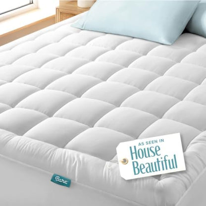 Bare Home Full XL Mattress Cover, White, 100% Cotton Top, Deep Pockets, Machine Washable, Breathable, Down Alternative Fiber Fill