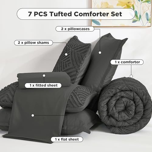 Andency King Size Comforter Set, Dark Grey, 7 Pieces