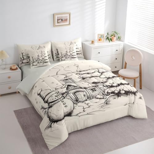 Erosebridal Christmas Tree 7 Pcs Comforter Set King, Hand Drawn Snowman Bedding for Kids Adults, Christmas House Winter Illustration Bed in A Bag Sheet Set, Grey Ball Bed Set