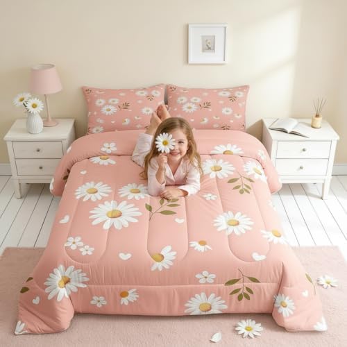 Homewish Daisy Flowers Comforter Set Full Size,Petals and Leaves Bedding Set for Girls Women Adult Bedroom Decoration,Kids Pink and White Bed Duvet Insert,Daisy Comforter with 2 Pillowcase
